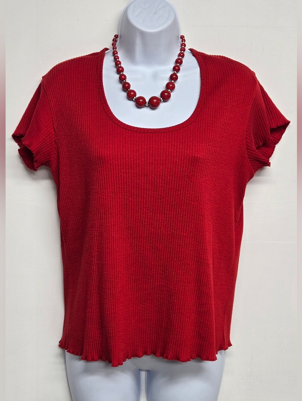 Fashion Bug Stretch XL Red Ribbed Knit Top Scoop Neck Short Sleeve